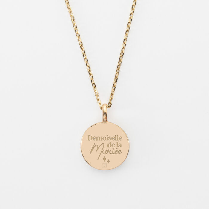 Pendentif EVJF personnalisé médaille gravée plaqué or email noir soleil 14 mm - Demoiselle de la mariée