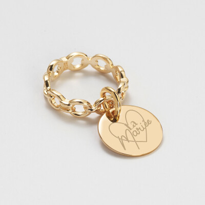 Bague EVJF chaine maille ronde plaqué or personnalisée médaille gravée 15 mmc - La Mariée