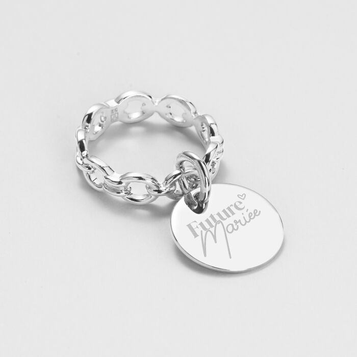 Bague EVJF chaine maille ronde argent personnalisée médaille gravée 15 mm - Future mariée