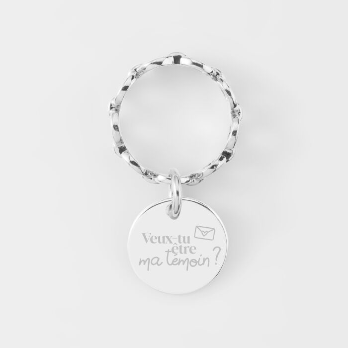Bague EVJF chaine maille ronde argent personnalisée médaille gravée 15 mm - Veux tu être ma témoin