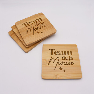 Lot de 4 sous-verres EVJF personnalisés gravés bambou 10x10 cm - Illustration Team de la mariée