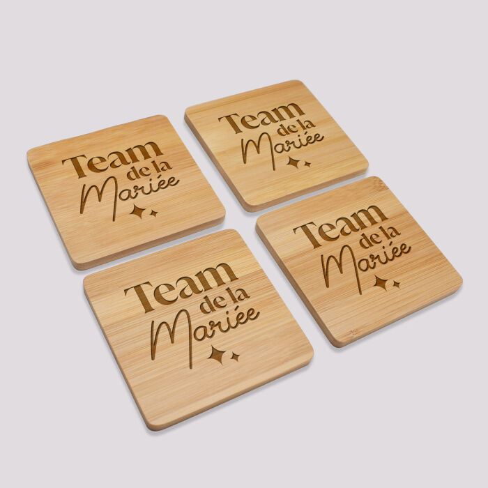 Lot de 4 sous-verres EVJF personnalisés gravés bambou 10x10 cm - Team de la mariée