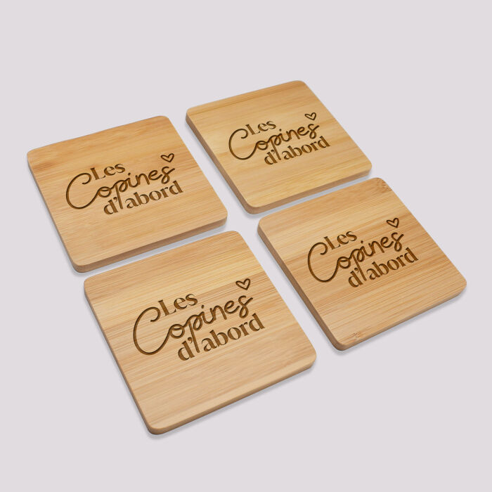 Lot de 4 sous-verres EVJF personnalisés gravés bambou 10x10 cm - Les copines d'abord