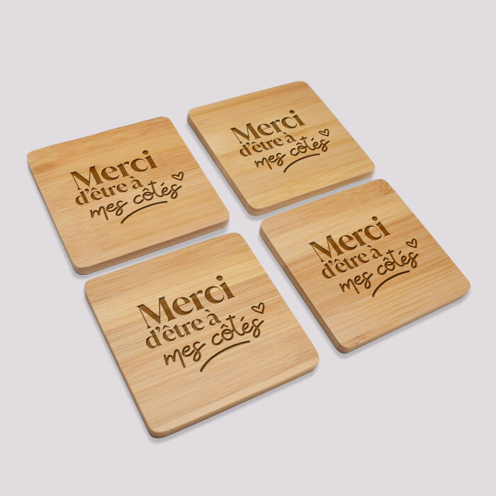 Lot de 4 sous-verres EVJF personnalisés gravés bambou 10x10 cm - Merci d'être à mes côtés