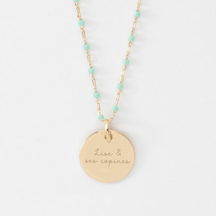 Collier EVJF perles Miyuki colorées personnalisé médaille gravée plaqué or 15 mm - Texte