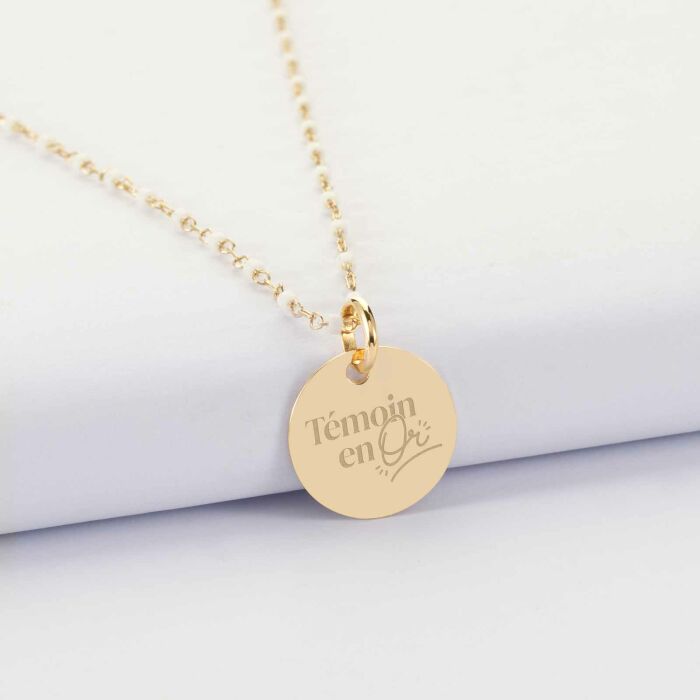 Collier EVJF perles Miyuki colorées personnalisé médaille gravée plaqué or 15 mm - Témoin en or
