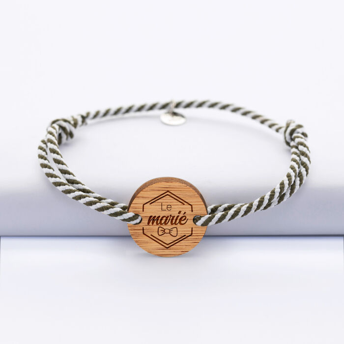 Bracelet personnalisé cordon marin tressé médaille gravée bois ronde 2 trous 21 mm - EVG - Le marié