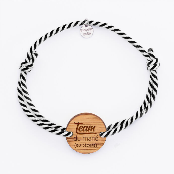 Bracelet personnalisé cordon marin tressé médaille gravée bois ronde 2 trous 21 mm - EVG - Team du marié