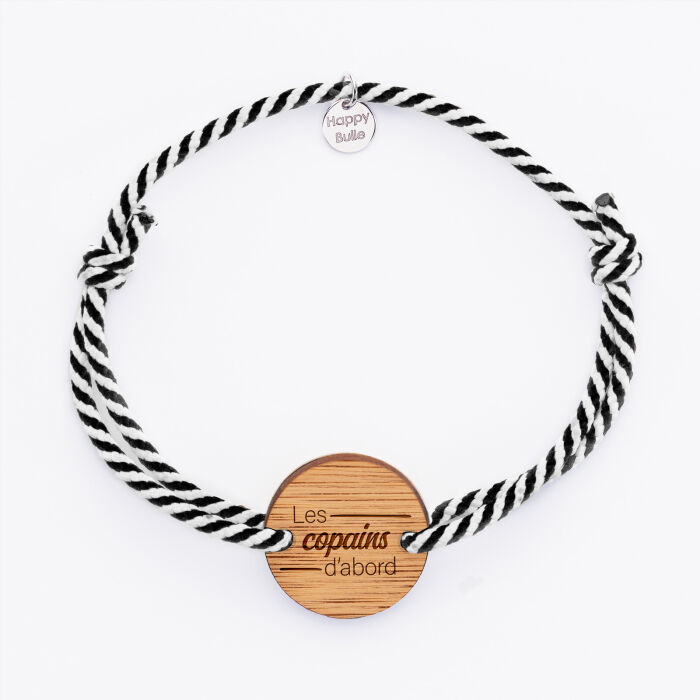 Bracelet personnalisé cordon marin tressé médaille gravée bois ronde 2 trous 21 mm - EVG - Les copains d'abord