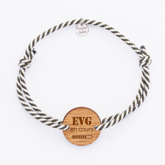 Bracelet personnalisé cordon marin tressé médaille gravée bois ronde 2 trous 21 mm - EVG - EVG en cours