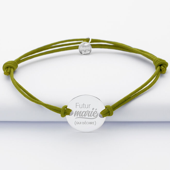 Bracelet personnalisé cordon doublé médaille gravée argent 2 trous 20 mm - EVG - Futur marié