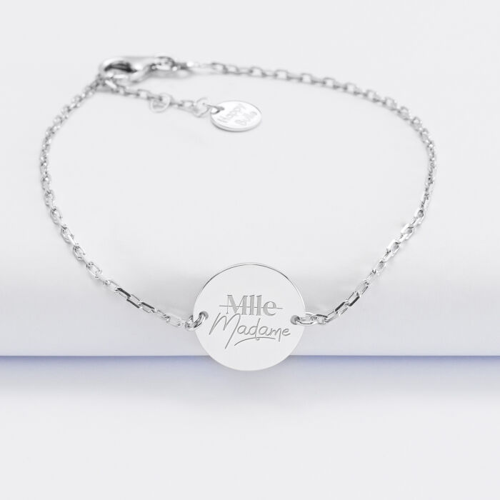 Bracelet chaine Mariée personnalisé médaille gravée argent 2 trous 15 mm - Mlle Madame