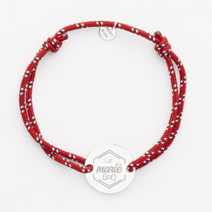 Bracelet personnalisé cordage marin simple médaille gravée argent 2 trous 20 mm - EVG - Le marié