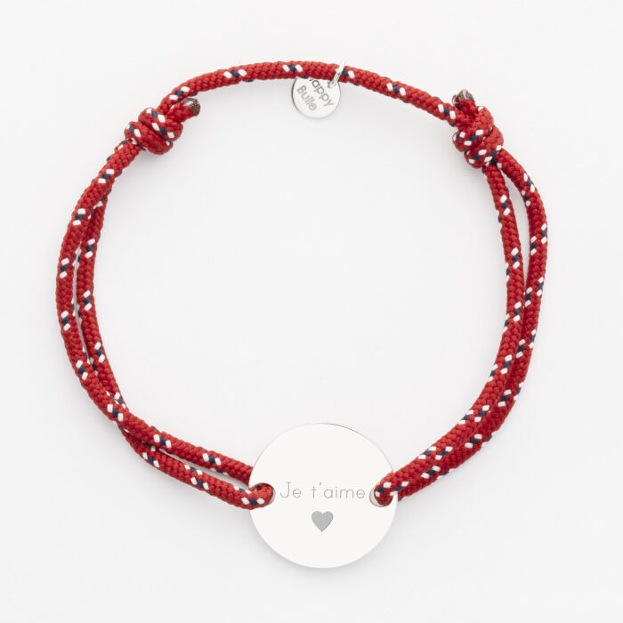 Bracelet personnalisé cordage marin simple médaille gravée argent 2 trous 20 mm - EVG - Texte et picto