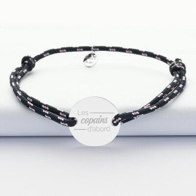 Bracelet personnalisé cordage marin simple médaille gravée argent 2 trous 20 mm - EVG - Les copains d'abord