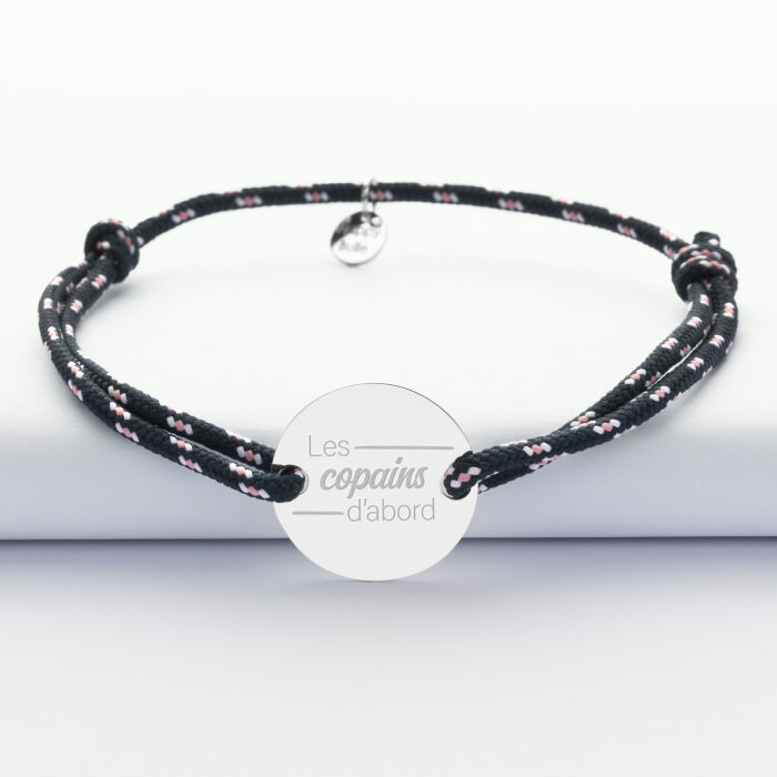 Bracelet personnalisé cordage marin simple médaille gravée argent 2 trous 20 mm - EVG - Les copains d'abord