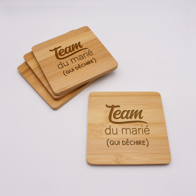 Lot de 4 sous-verres EVG personnalisés gravés bambou 10x10 cm - Team du marié