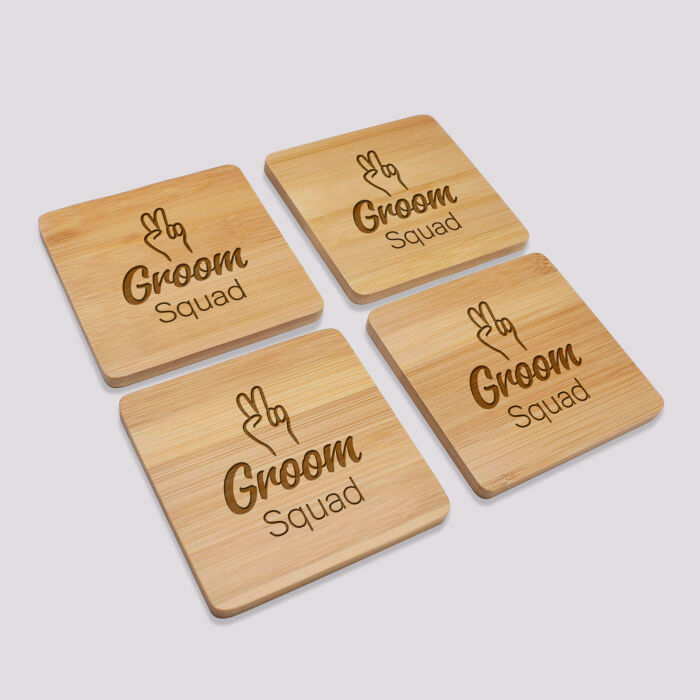 Lot de 4 sous-verres EVG personnalisés gravés bambou 10x10 cm - Groom squad