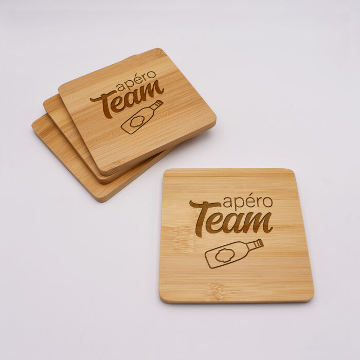 Lot de 4 sous-verres EVG personnalisés gravés bambou 10x10 cm - Team apéro