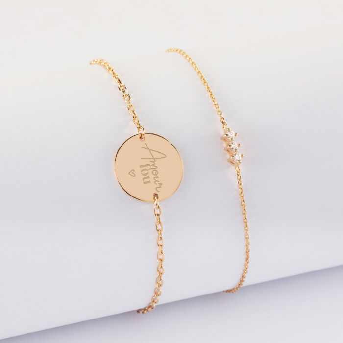 Duo bracelets Mariée personnalisés chaine trio scintillant et médaille gravée plaqué or 2 trous 15 mm - Amour fou