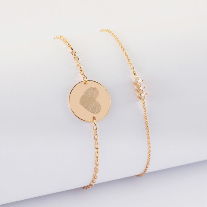 Duo bracelets Mariée personnalisés chaine trio scintillant et médaille gravée plaqué or 2 trous 15 mm - Empreintes