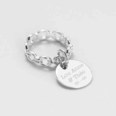 Bague chaine maille ronde argent personnalisée médaille gravée 15 mm - Mariée - Prénoms