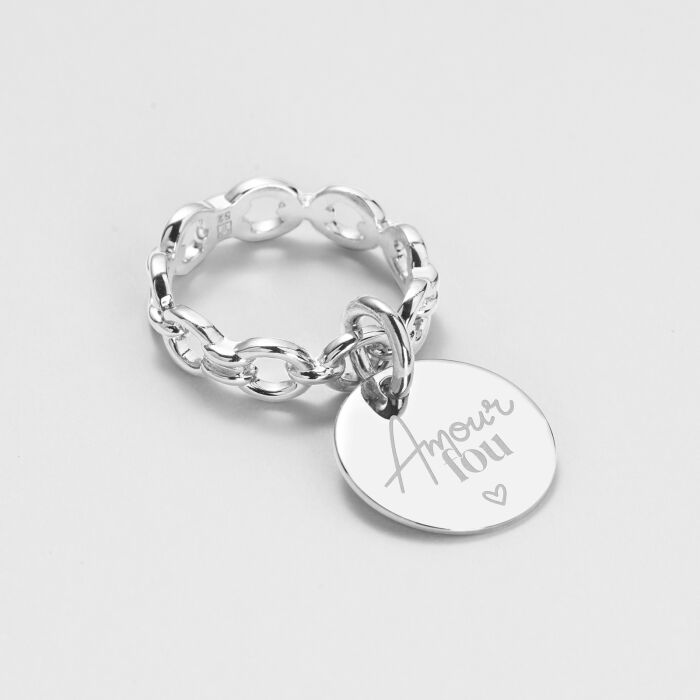 Bague chaine maille ronde argent personnalisée médaille gravée 15 mm - Mariée - Amour fou