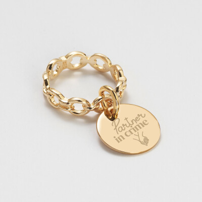 Bague chaine maille ronde plaqué or personnalisée médaille gravée 15 mm - Mariée - Partner in crime