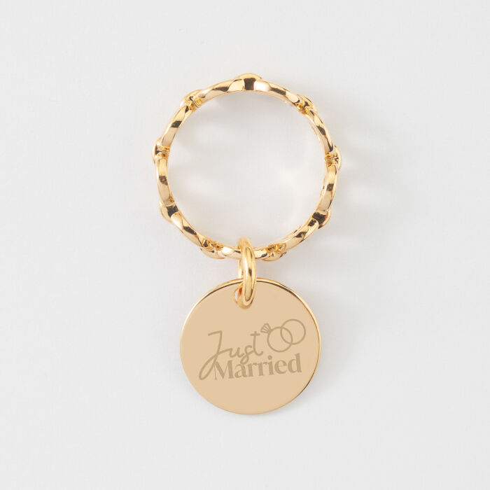 Bague chaine maille ronde plaqué or personnalisée médaille gravée 15 mm - Mariée - Just married