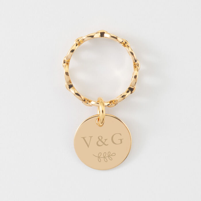 Bague chaine maille ronde plaqué or personnalisée médaille gravée 15 mm - Mariée - Initiales et picto