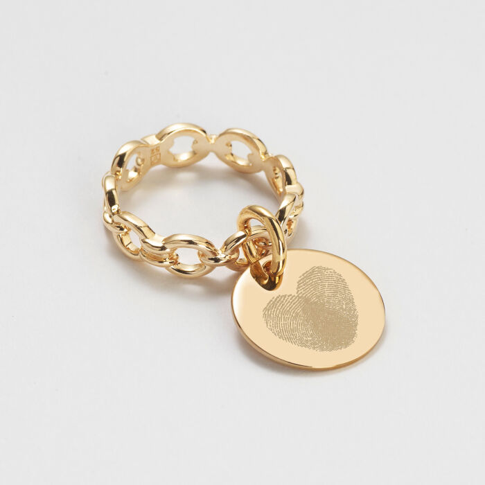 Bague chaine maille ronde plaqué or personnalisée médaille gravée 15 mm - Mariée - Empreinte