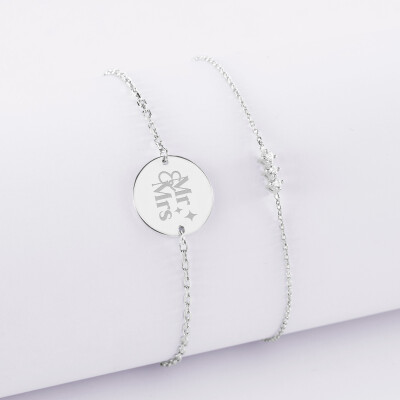 Duo bracelets Mariée personnalisés chaine trio scintillant et médaille gravée argent 2 trous 15 mm - Mr&Mrs