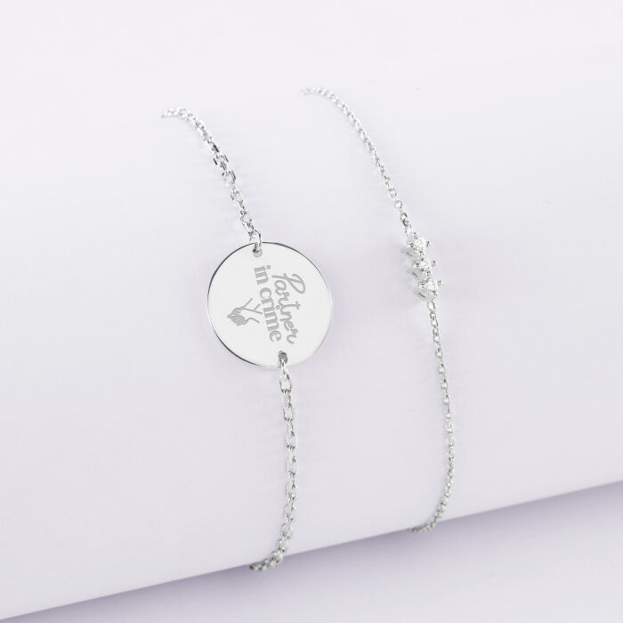 Duo bracelets Mariée personnalisés chaine trio scintillant et médaille gravée argent 2 trous 15 mm - Partner in crime