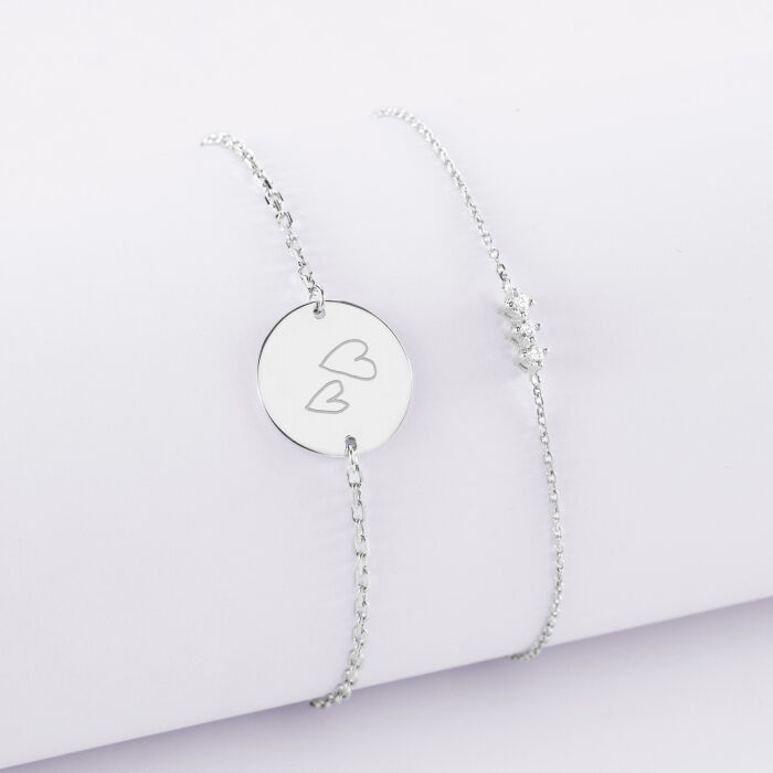 Duo bracelets Mariée personnalisés chaine trio scintillant et médaille gravée argent 2 trous 15 mm - Dessin