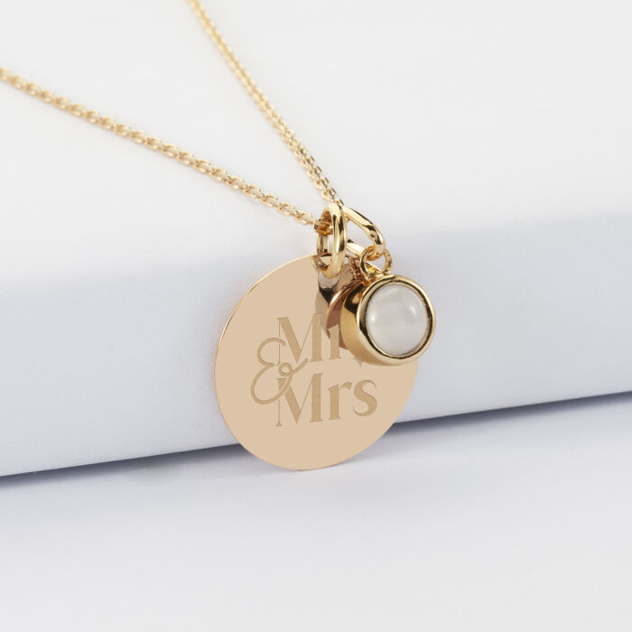 Pendentif personnalisé médaille gravée plaqué or 19 mm et breloque pierre naturelle 8 mm - Mariée - Mr&Mrs