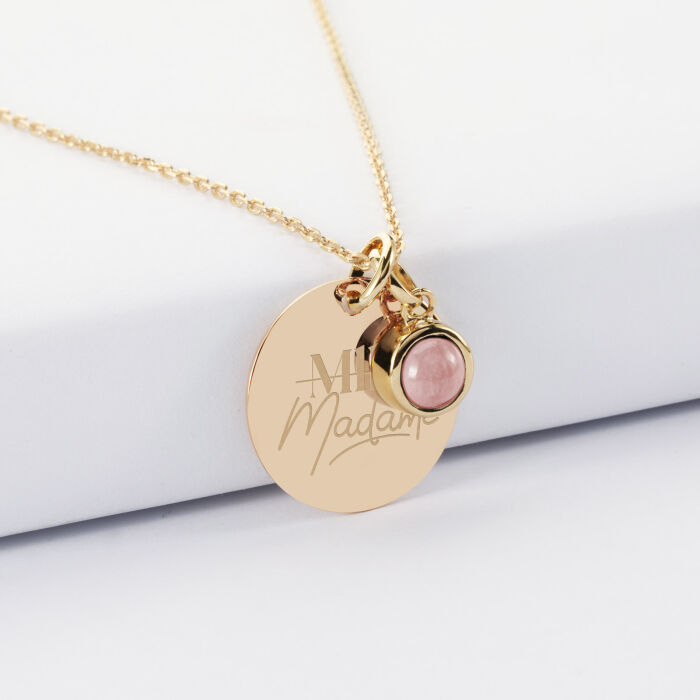 Pendentif personnalisé médaille gravée plaqué or 19 mm et breloque pierre naturelle 8 mm - Mariée - Mlle Madame
