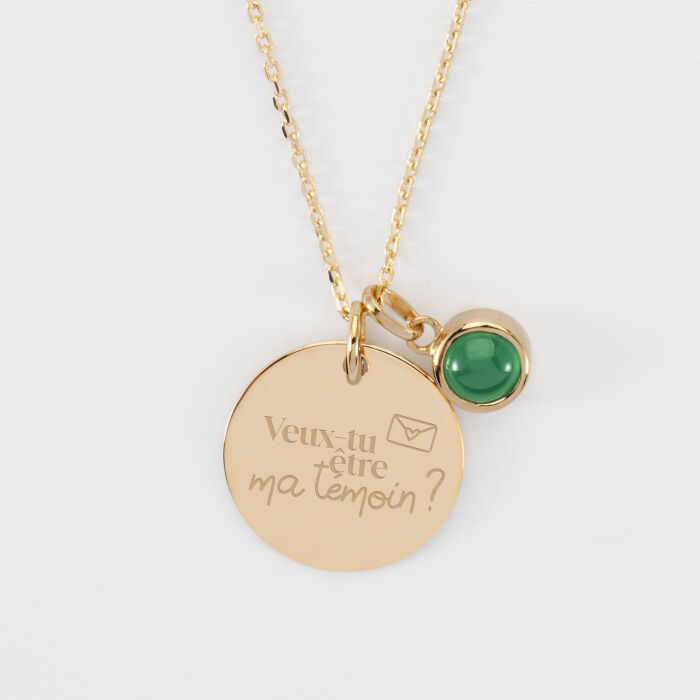 Pendentif personnalisé médaille gravée plaqué or 19 mm et breloque pierre naturelle 8 mm - Mariée - Veux tu être ma témoin ?