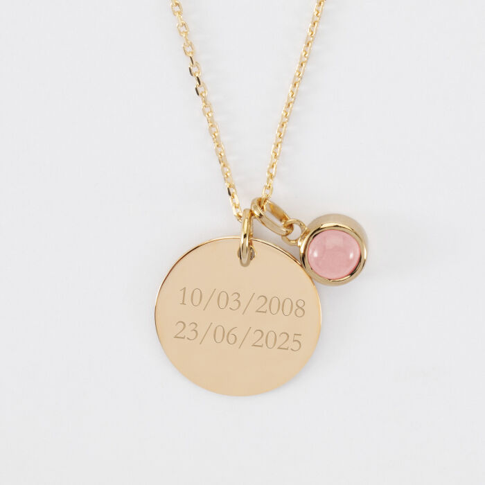 Pendentif Mariée personnalisé médaille gravée plaqué or 19 mm et breloque pierre naturelle 8 mm - Dates