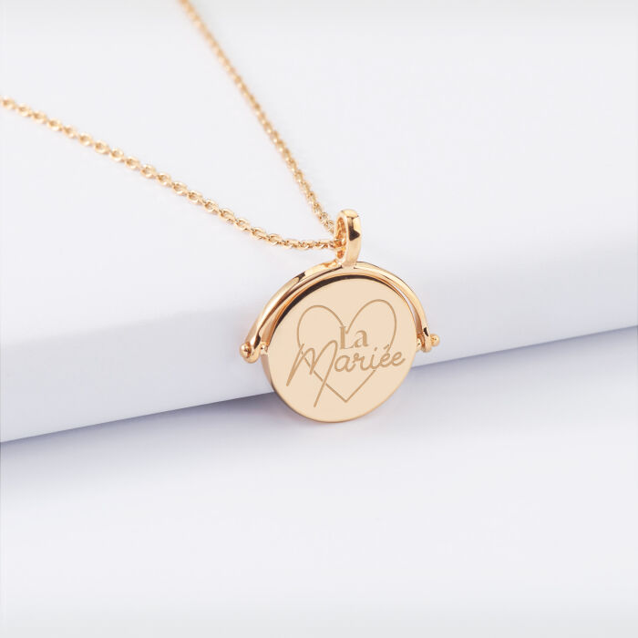Pendentif Mariée personnalisé médaille gravée nacre réversible plaqué or 15 mm - La mariée