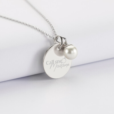 Pendentif Mariée personnalisé médaille gravée argent 19 mm et breloque perle nacre 10 mm - Call me madame