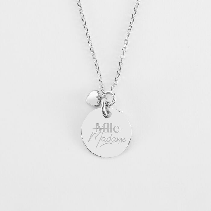 Collier mini cœur bombé personnalisé médaille gravée argent 15 mm - Mariée - Mlle Madame