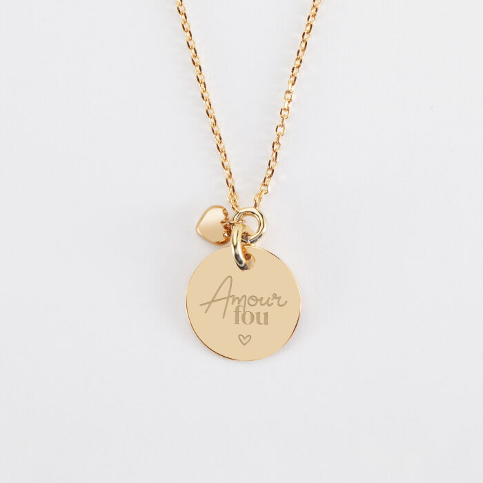 Collier mini cœur bombé personnalisé médaille gravée plaqué or 15 mm - Mariée - Amour fou