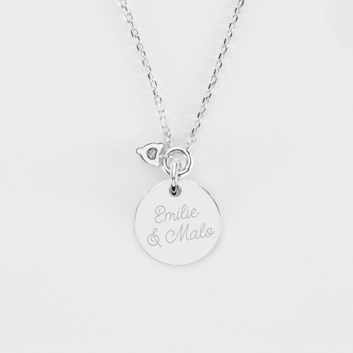 Collier mini cœur scintillant personnalisé médaille gravée argent 15 mm - Mariée - Prénoms