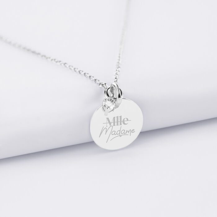 Collier mini cœur scintillant personnalisé médaille gravée argent 15 mm - Mariée - Mlle Madame