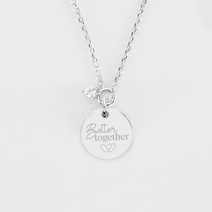 Collier mini cœur scintillant personnalisé médaille gravée argent 15 mm - Mariée - Better together