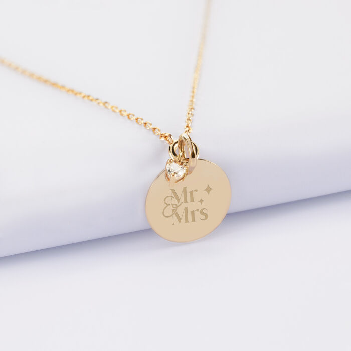 Collier mini cœur scintillant Mariée personnalisé médaille gravée plaqué or 15 mm - Mr&Mrs