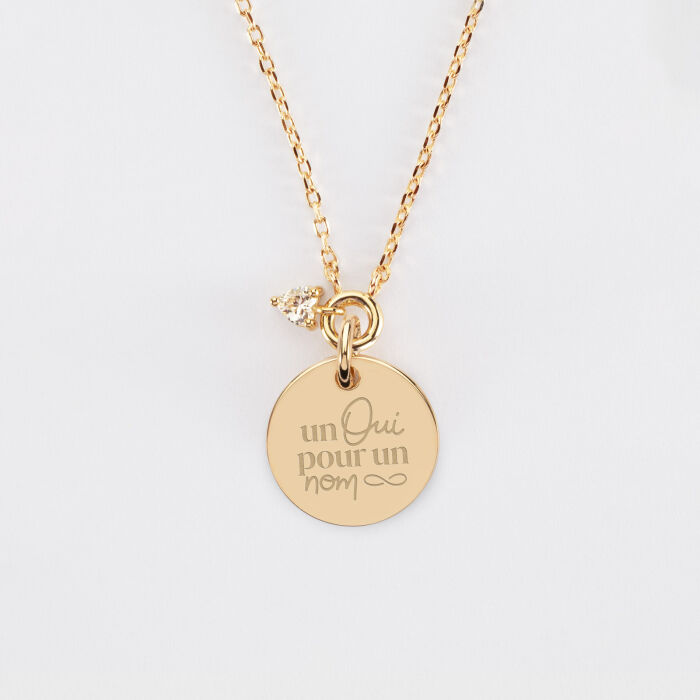 Collier mini cœur scintillant Mariée personnalisé médaille gravée plaqué or 15 mm - Un oui pour un nom infini