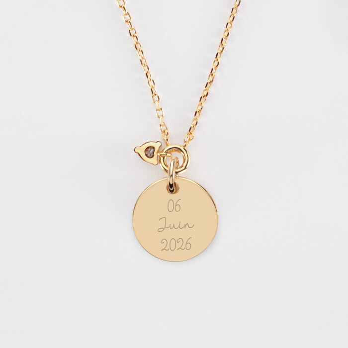 Collier mini cœur scintillant Mariée personnalisé médaille gravée plaqué or 15 mm - Date