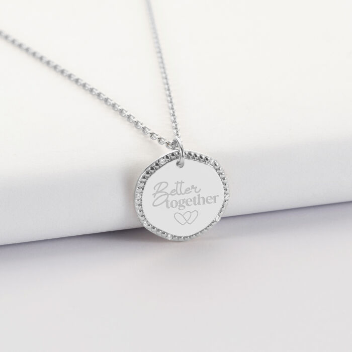 Pendentif personnalisé médaille contour scintillant gravée argent 16 mm - Mariée - Better together