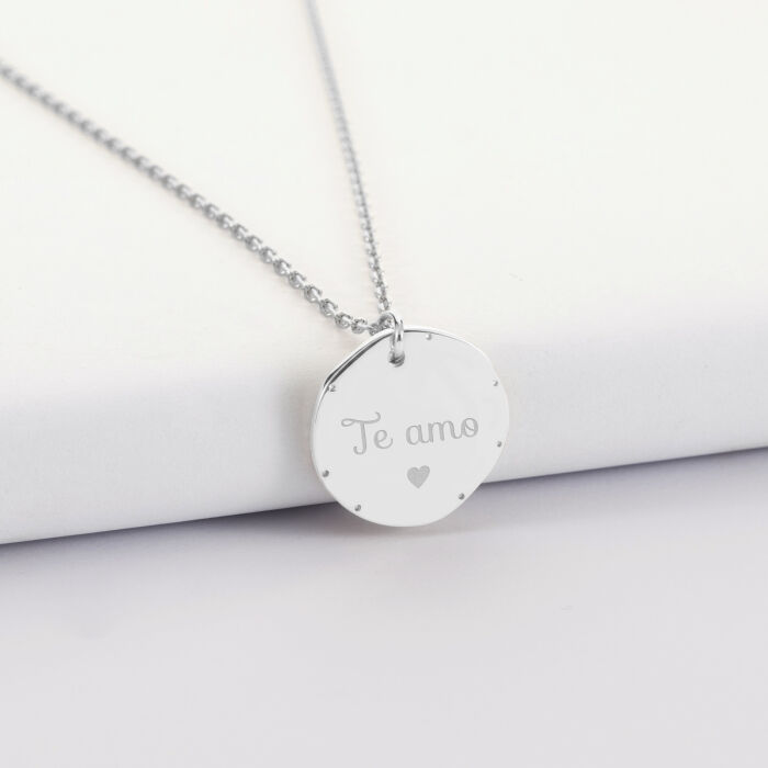 Pendentif personnalisé médaille contour scintillant gravée argent 16 mm - Mariée - Te amo